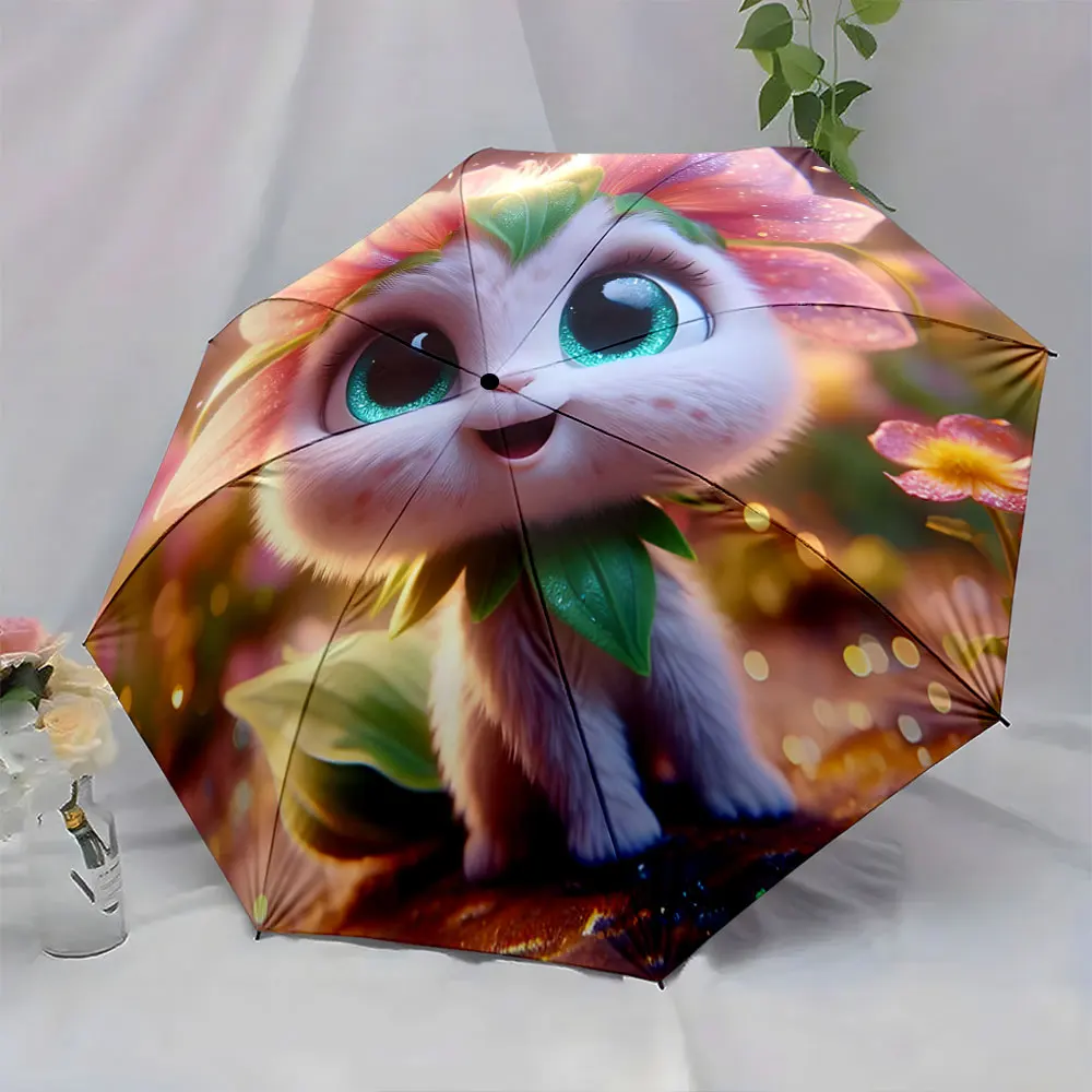 1PC Adorable flower-themed umbrella with a cute character design Print 8 Iron Ribs Folding Umbrella Auto-Open Fashion Sunshade