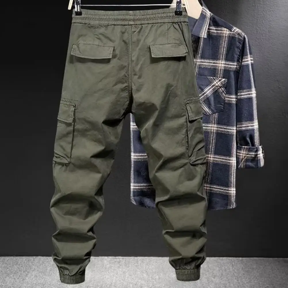 Solid Color Cargo Pants Men\'s Spring/autumn Cargo Pants with Elastic Waist Drawstring Multi-pocket Outdoor Sport for Streetwear