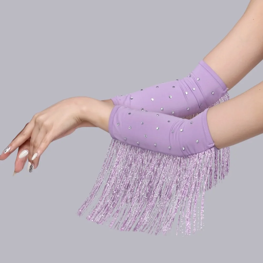 Performance Stage Latin Dance Fringed Sleeves Drilling Rhinestone Flash Women's Arm Sleeves Solid Color Latin Dance Costumes