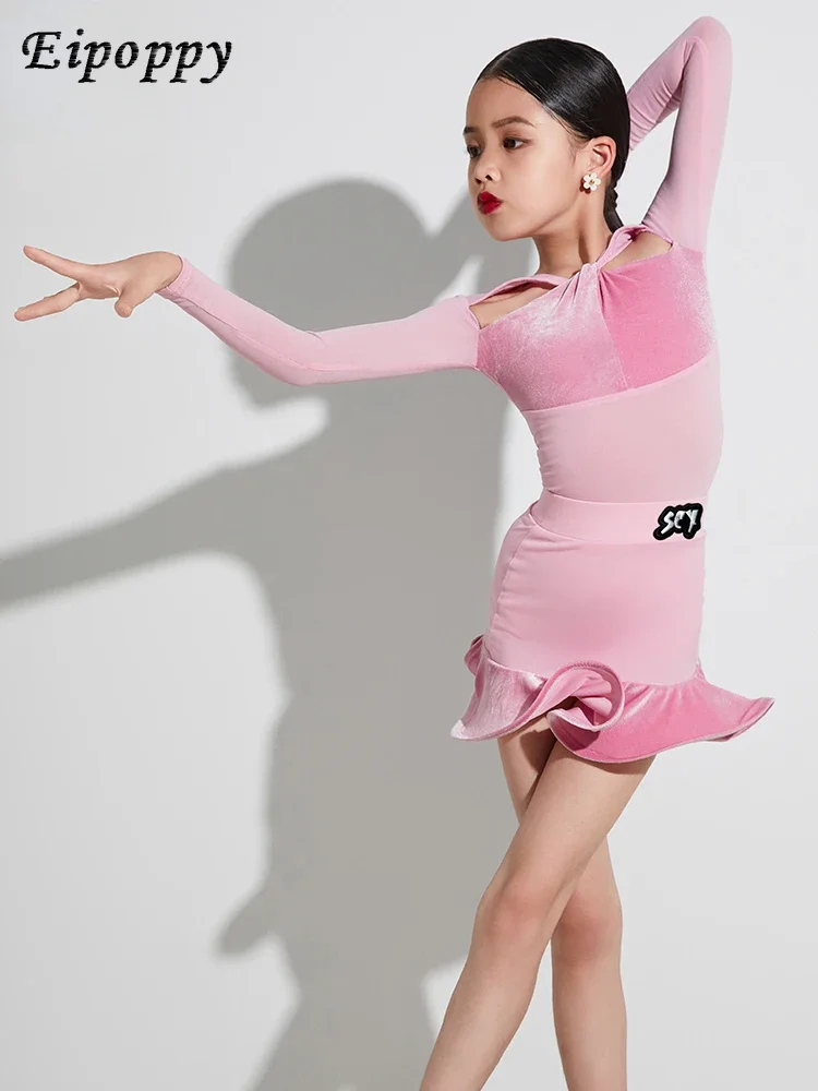 

Latin Dance Practice Clothes Girls' Performance Autumn and Winter New Advanced Pink Long Sleeve Internet Hot Suit
