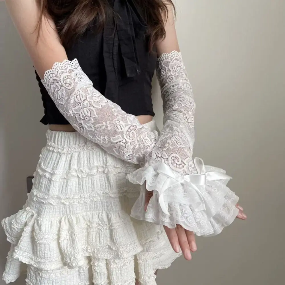

Summer Wear Y2K Lace Bow Gloves UV Protection Sweet Sheer Mesh Arm Sleeves Fairycore Style Fingerless Gloves for Women