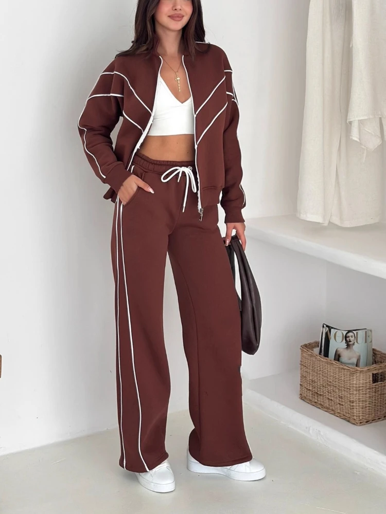 

Casual Striped Zipper Coat Trousers Set Women Loose Stand Collar Long Sleeve Top Elastic Waist Wide Leg Pants 2026 New Tracksuit