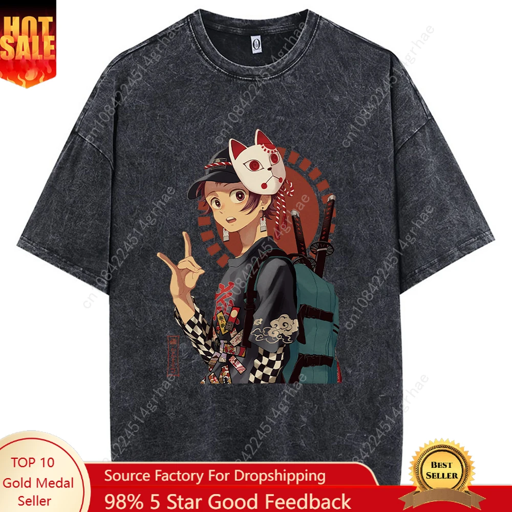 

Anime Printed Acid Washed T Shirt 100% Cotton Short Sleeves Streetwear Tops Vintage Manga Fashion Oversized Tees Unisex
