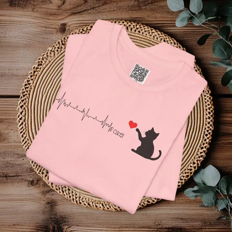 

Футболка «I Love Cats Heartbeat», милый силуэт котенка, мягкий холст Bella 3001, одежда для кошек для влюбленных, XS 5XL