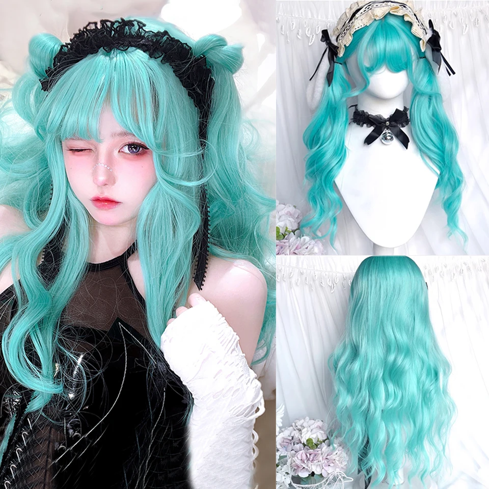 Aosi sintético longo encaracolado ombre cosplay perucas com bang loiro rosa hortelã cor halloween harajuku lolita perucas para mulher