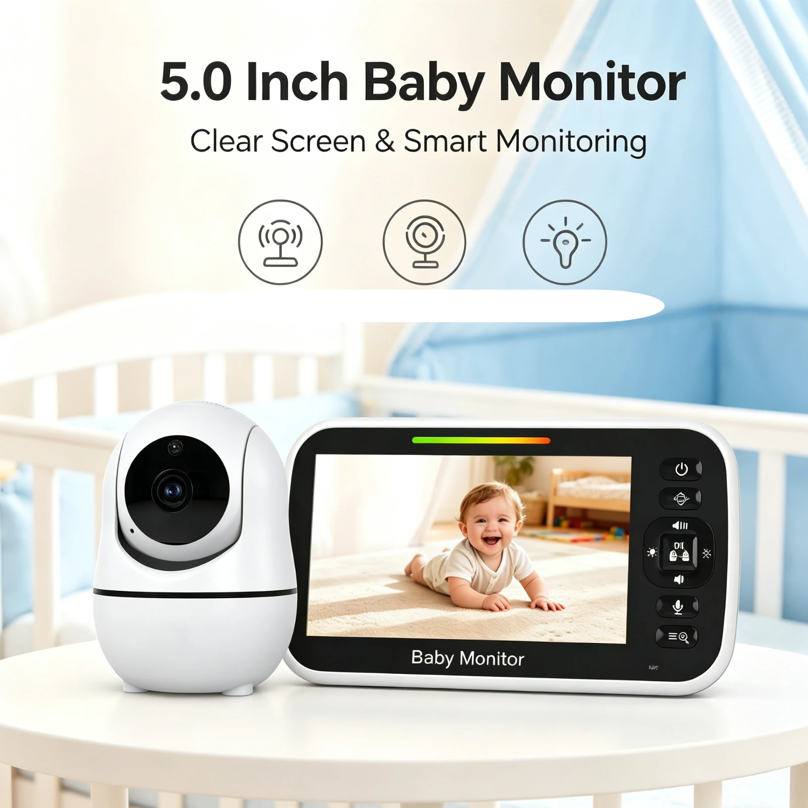 Baby Monitor VOX Sound Detection Auto Screen Wake-Up 5 Inch LCD Night Vision Two-Way Audio Temperature Lullaby Camera SM663