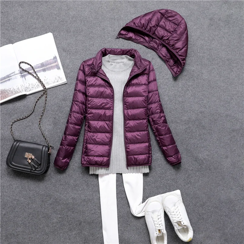 Women Down Jacket Autumn Winter New Ultralight Thin Packable Fashion Short Puffer Coat Female Hat Detachable Slim Casual Coat