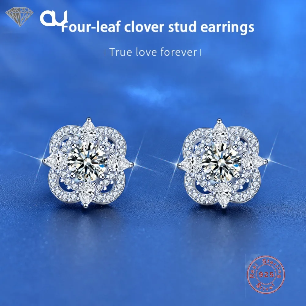 925 Sterling Silver Needle Female Four-leaf Clover Stud Earrings 0.5 Ct Moissanite Wedding Jewelry Trendy Classic Exquisite