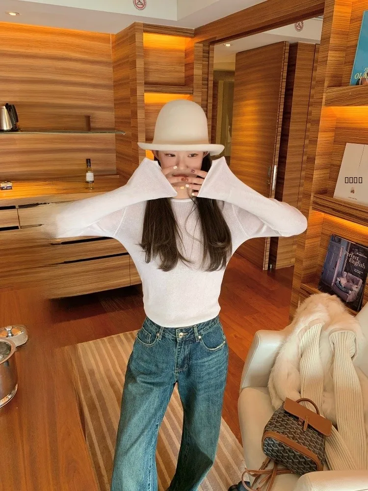 

Soft Wool Knitted Tee-Color Base irt Slim Fit Elastici Long Sve Mid-Length Casual Comfortable Breathable Women's Fas...