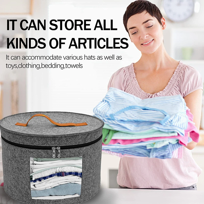 Hat Storage Box Dustproof Case Household Round Felt Storage Hats Bucket Clothes Organizers With Zippered Lid Travel Bags