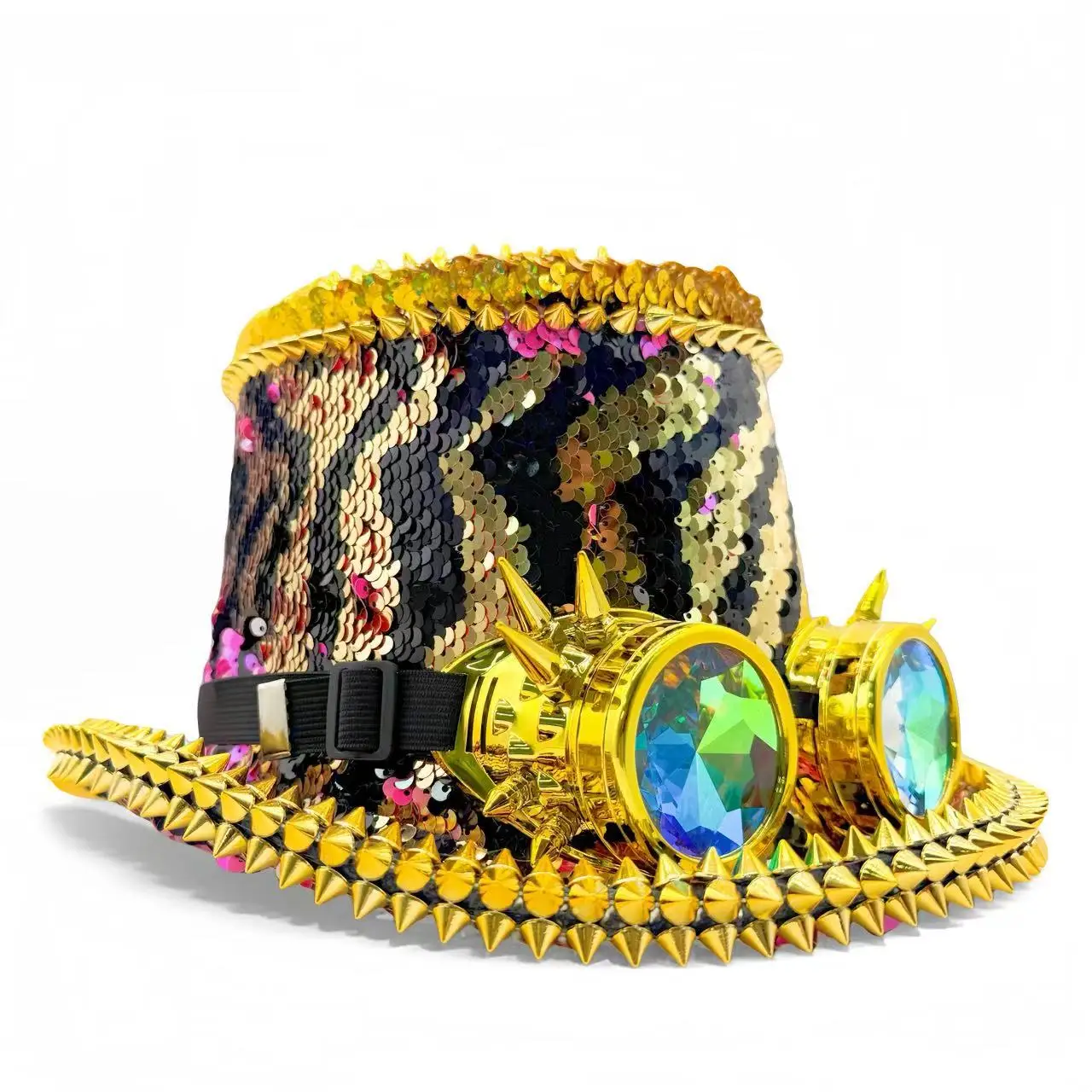 HongLuan Violette Steampunk-Zylinder für Herren, Pailletten-Festival-Zylinder für Damen mit Schutzbrille, Vintage-Burningman-Outfit für Damen – Detail 18