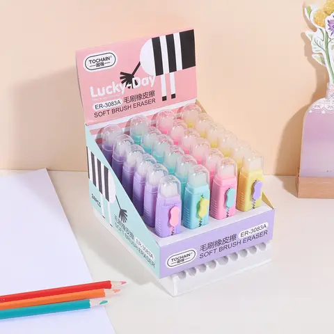 24 Pcs Macaroon Color Push-Pull Eraser Set Portable Student Office Stationery Fashionable Creative Learning Supplies