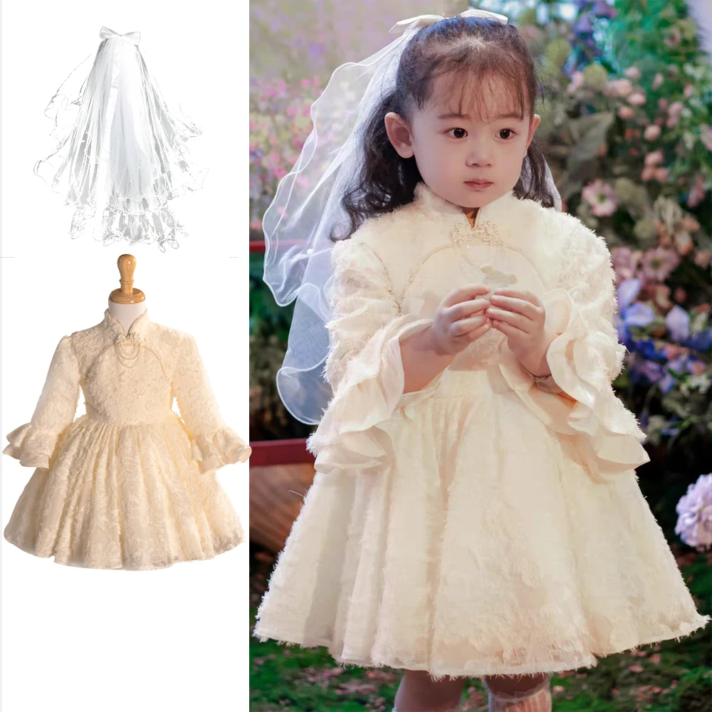 Fashion Girl Princess Vintage Dress high quality Child long Sleeve Wedding Party Birthday Dresses Clothes 1-8Y Autumn witer