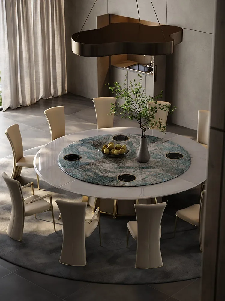 Electric dining table Luxury stone with automatic turntable Round natural marble dining table