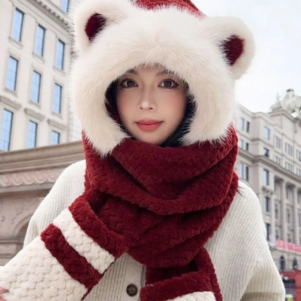 high-value-bear-protection-hat-soft-thickened-design-integrated-cap-gloves-scarf-sweet-windproof-ear-protection-hat-women-wear