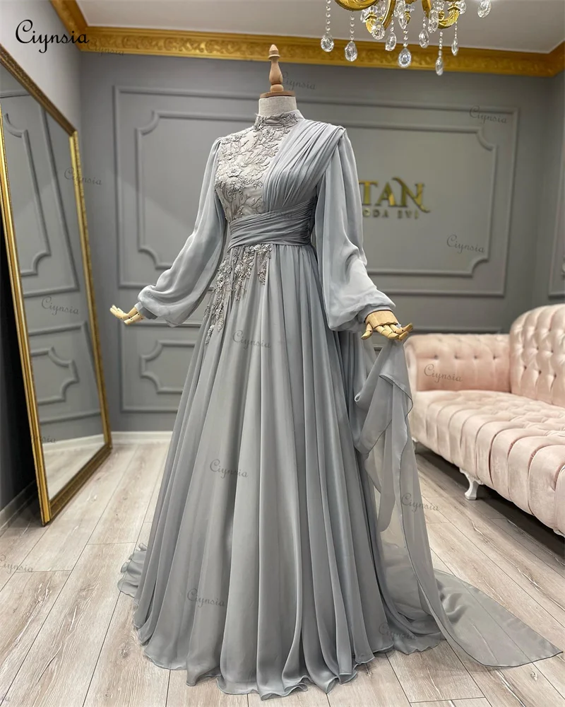 Ciynsia Elegant Women Muslim Evening Dresses Long Sleeve Hijab Islamic Formal Party Gowns High Neck Lace Kaftan Robe De Soiree