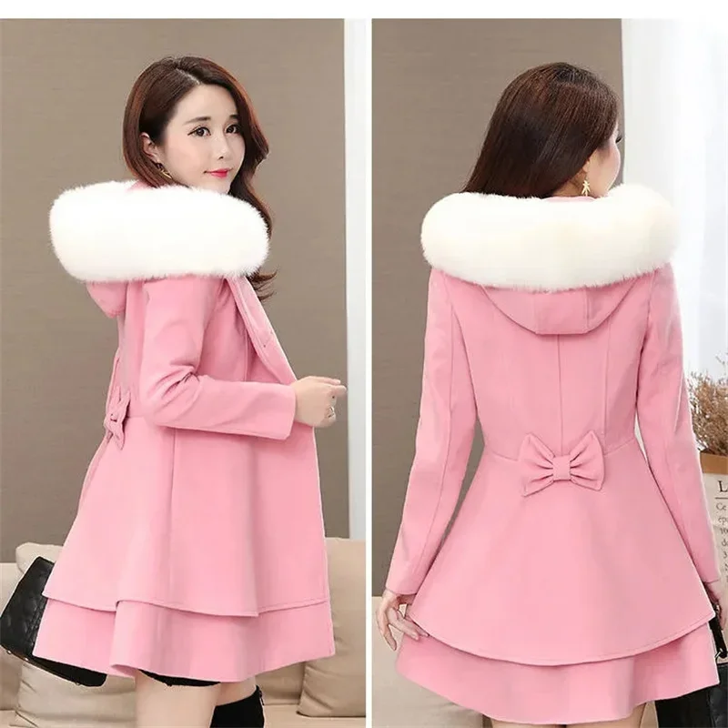 2024 New Winter Women's Woolen Blend Coat A-Line Double-Breasted Jackets Female Fur Collar Office Lady Wool Outwear