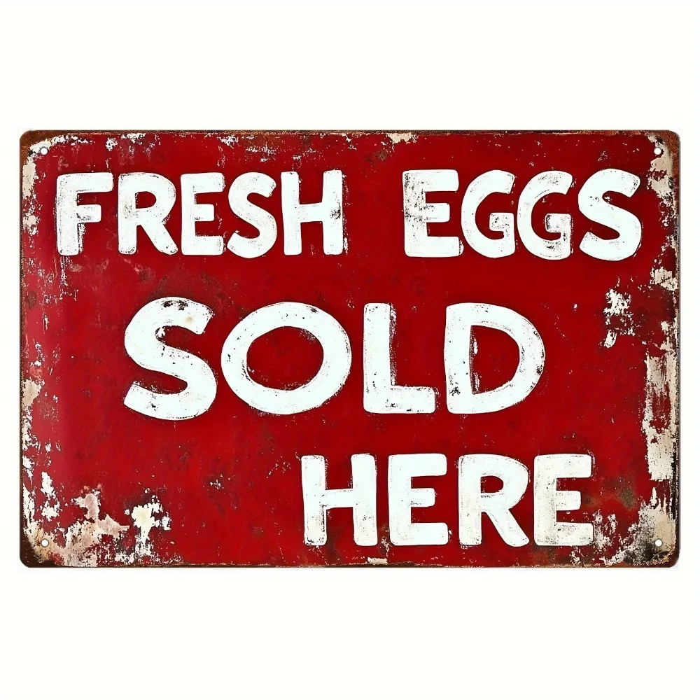 （2D Tin painting）Vintage “Fresh Eggs Sold Here” Metal Sign | 8x12 Inch Red & White Farmhouse Iron Plaque for Kitchen & Garden