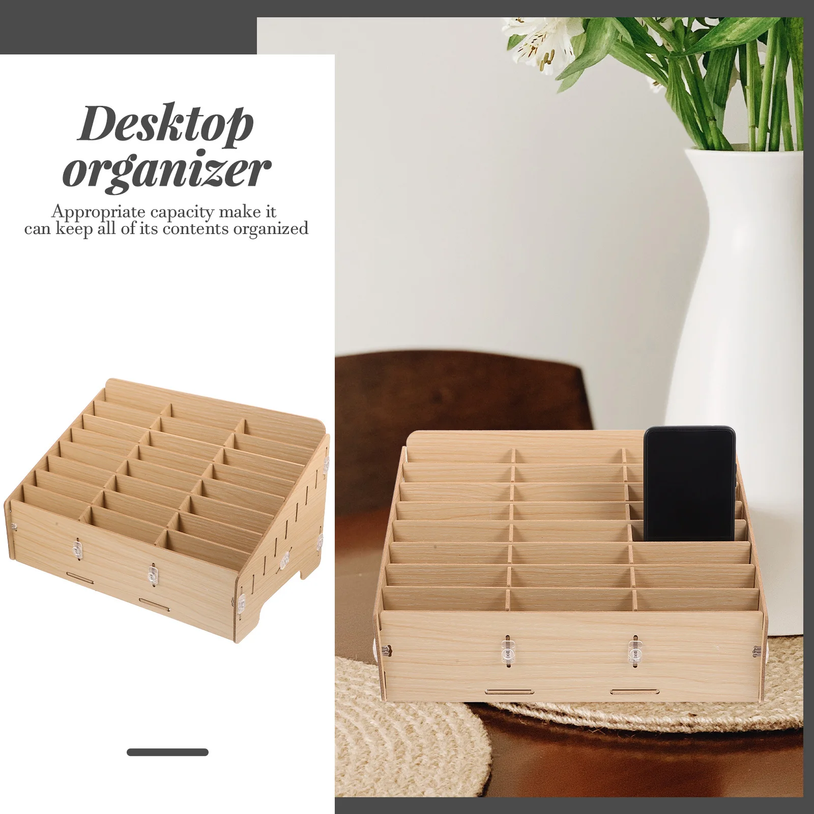 صندوق تخزين خشبي منظم سطح المكتب لحامل الهاتف لوازم المكاتب المنزلية حاوية خشبية منضدية حقيبة للتخزين المحمول
