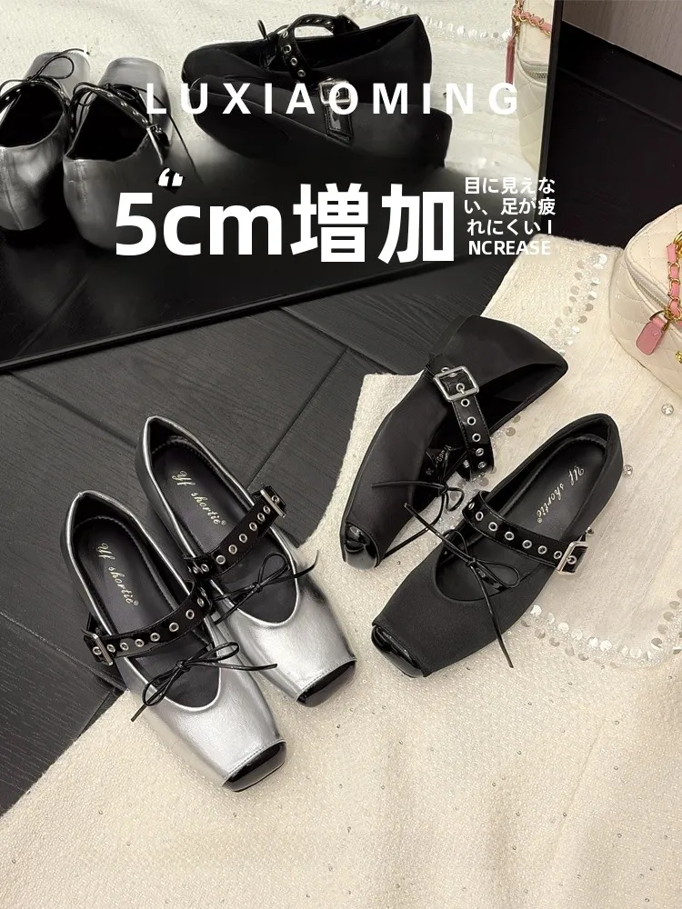 lamb-leather-ballet-flats-women's-new-style-retro-square-head-small-size-heightening-single-shoes-knot-soft-surface