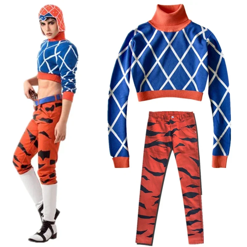 JoJo's Bizarre Adventure Guido Mista Anime Cosplay Costume Highneck Sweater Top Pants Adult Unisex Cap Hat