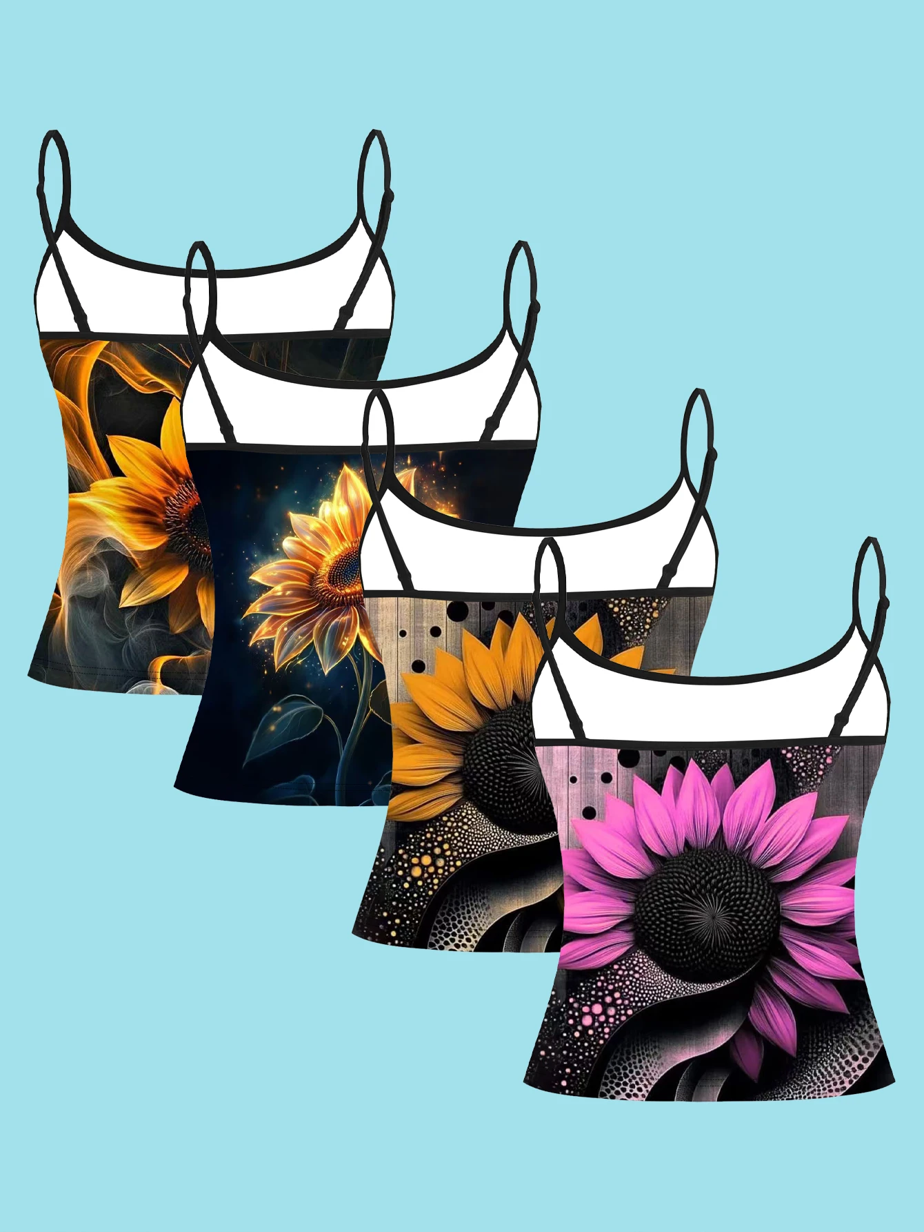 4-Piece Set of Artistic Light and Shadow Sunflower Print Camisoles, Black Base with Glowing Sunflower Pink Sunflower Texture, Women's Slim-Fit Spaghetti Strap Sleeveless Tops for Outerwear or Layering