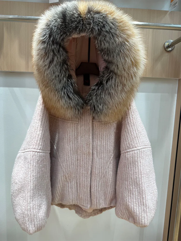 Women Warm Winter Wool Woolen Jackets  Real Fox Fur Collar Hooded Goose Down JacketThick Female Outwear Coat Puffer Jacket