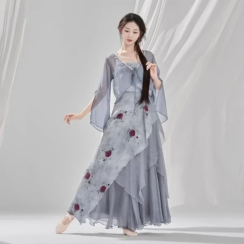 Women Classical Chinese Dance Exercises Costumes Blue Coat Camisole Butterfly Print Culottes Modern Hanfu Vestido Oriental