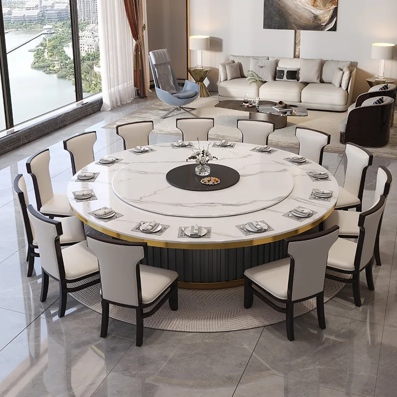 Hotel Electric Rock Slab Dining Table Large Round Table Light Luxury Hotel Restaurant Round Hot Pot Table Rotating New Chinese