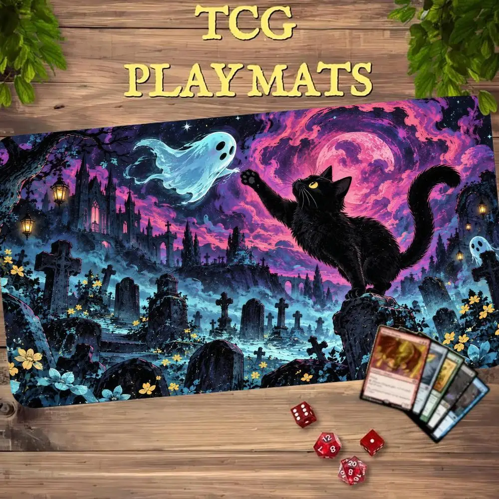 Black Cat Ghost MTG Trading Card Game Playmat With Zone TCG CCG Play Mat 600X350 Non-Slip Durable Stitched Edge Magic Card Mats