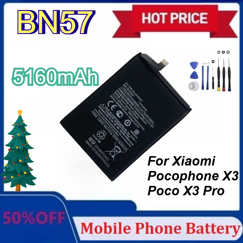

New 5160mAh BN57 Mobile Phone Battery for Xiaomi Pocophone X3 Poco X3 Pro Replacement Bateria + Tools