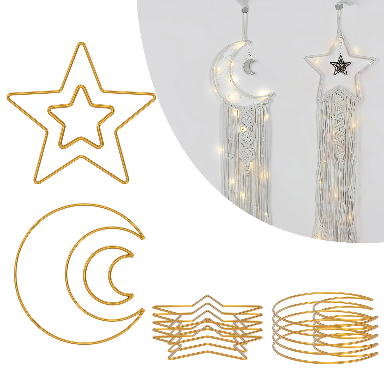 Anillos de Metal de estrella y luna para colgar en la pared tejidos de macramé DIY, anillos de aro de macramé atrapasueños, anillos artesanales para regalo de cumpleaños DIY