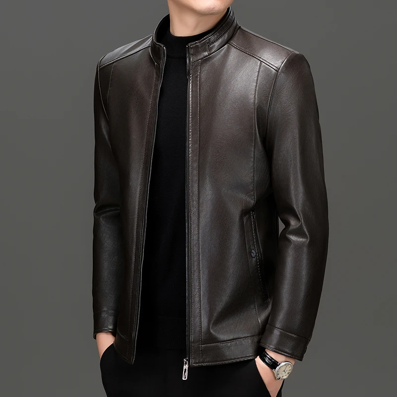 Stylish Men Autumn PU Leather Jacket Stand Collar Zip Front Faux Fur Coat Male Effortless Outerwear Fitting Outfit Smart Casual