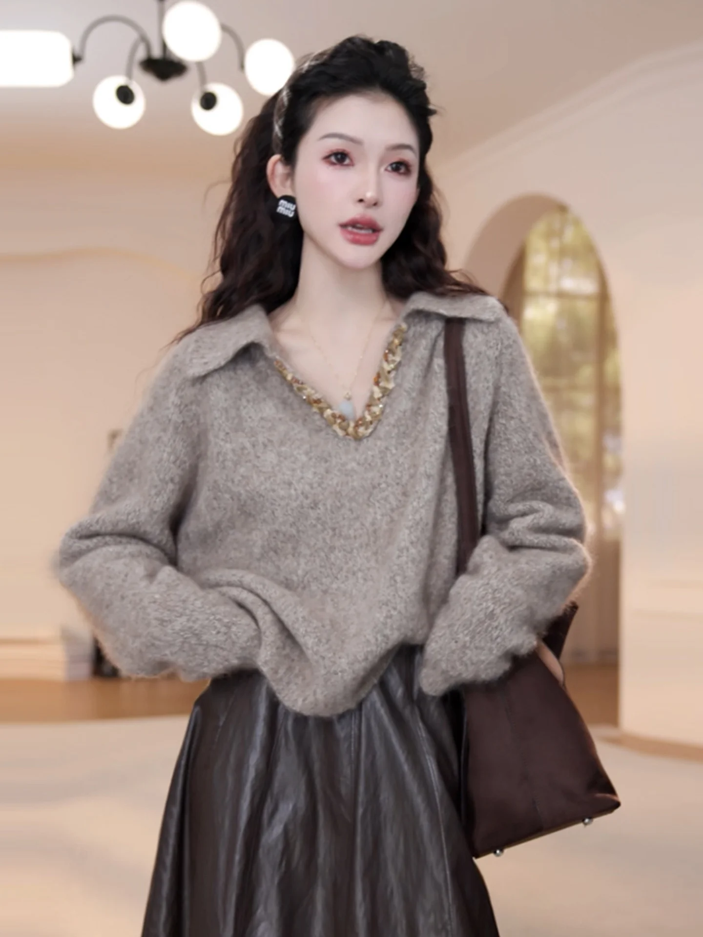 

Ele Pure Color Long Sve вязаный свитер простой дизайн удобный крой осенний модный повседневный шикарный женский вязаный топ