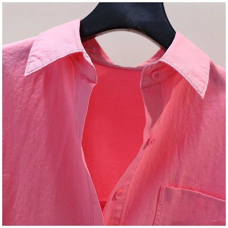 2024 Summer Korean Edition Casual Design Sense Back Split Shirt Women's Loose 3/4 Sleeve Shirt Cardigan Top Solid Color Commuter