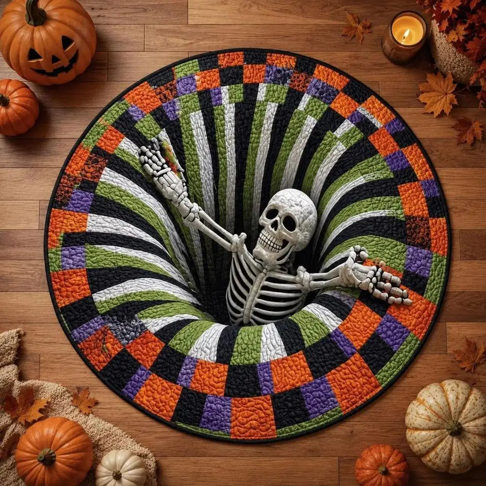Horror Halloween Skeleton Illusion Round Rug,Surface Non-slip Carpet for Home Outdoor Decor Door Mat, Halloween Home Decor Gift
