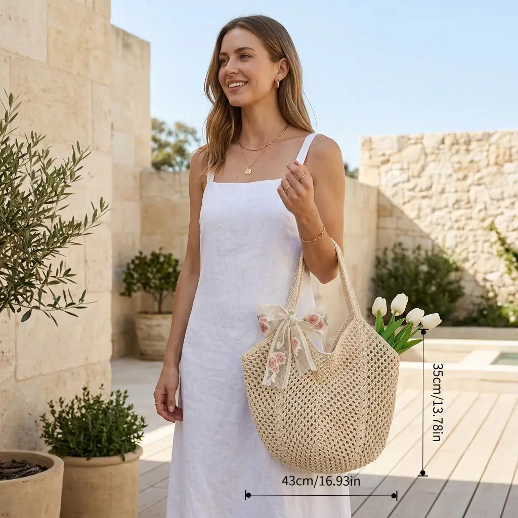 Women's Crochet Set (Tote Bag + Ribbon) 2-Piece Set, Large Capacity Hollow Woven Shopping Tote Bag with Fixed Shoulder Strap, Unlined, Suitable for Travel and Daily Use