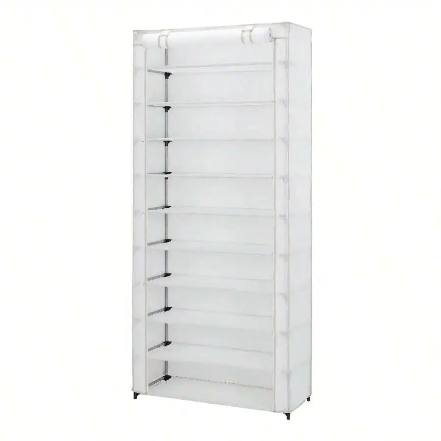 White 10-Shelf Shoe Storage Organizer With Protective Cover, Tall Freestanding Shoe Rack, 30 Pairs Oversize Capacity, Easy