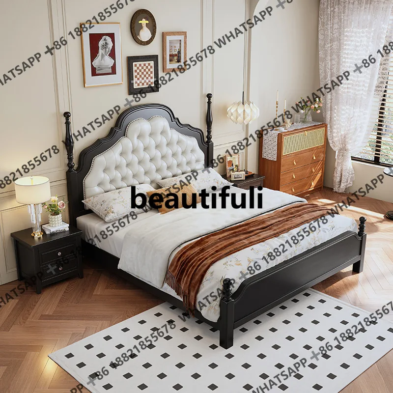 

Light luxury solid wood bed retro master bedroom simple black double bed Roman columns upholstered bed