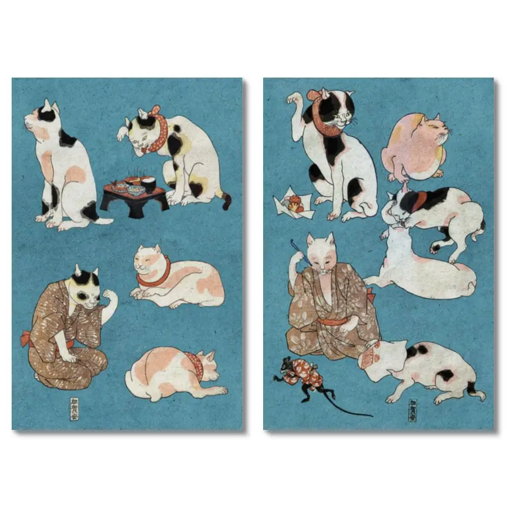 Teal Blue Japanese Cats Canvas Art HD Print Utagawa Kuniyoshi Ukiyo e Animal Painting Colorful Wall Decor for Living Room Study