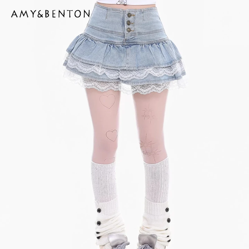 

Японский дизайн, синяя джинсовая юбка Y2K для женщин, весенняя новинка, стройнящая, универсальная, пышная, двухслойная, в форме буквы А, для дам