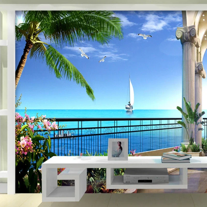 Custom 3D Seaside Landscape Wall Mural Wallpaper Balcony Ocean View Photo Wallpaper for Living Room Dining Room Background Wall