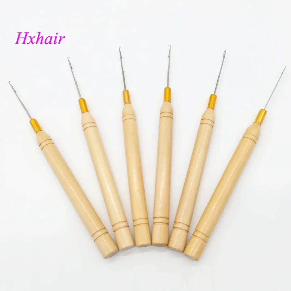 10pcs Wooden Handle Pulling Needle Hook for Micro Rings I-Tip Hair Extension Loop Professional Hairdressing Tools