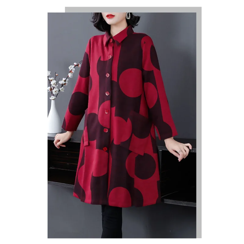 レディース新作ステッチ入りポロ襟ボタンプリントファッションゆったり万能カジュアル長袖トレンチコート