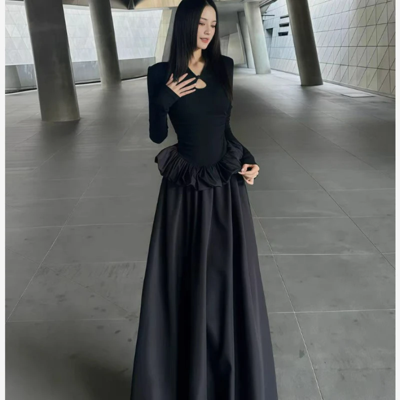 2026 Spring/autumn Cinched Waist Elegant Long Dress Large-sized Chinese-style Stand-up Collar Black Long-sleeved Dress for Women