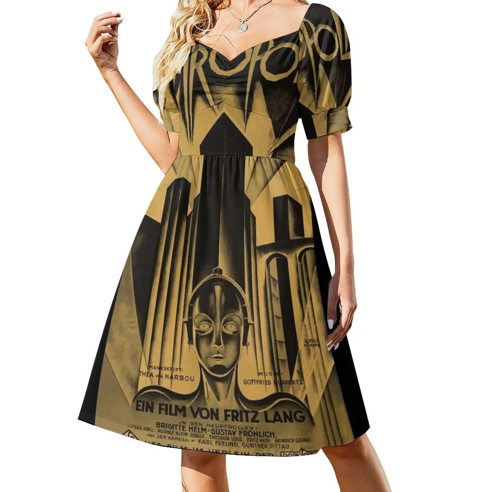 متروبوليس فريتز لانج 1926-ملصق الفيلم العتيق B&W فستان بفتحة عنق على شكل قلب فستان أنيق للحفلات الصيفية للنساء متروبوليس #2