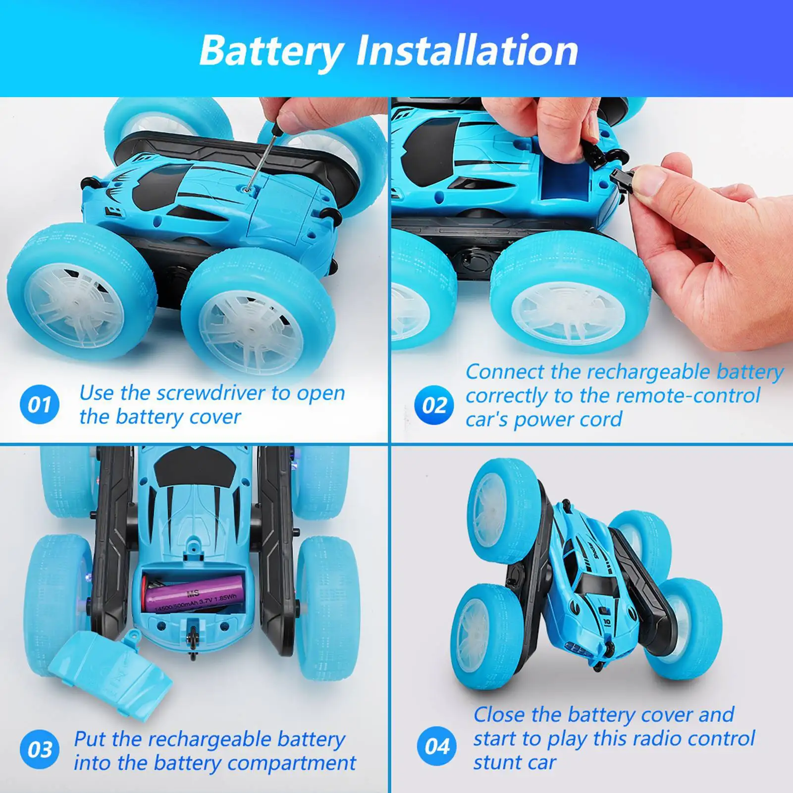 2.4G Double Sided RC Stunt Car 360 Degree Flip Rotating Remote Control Car with Light 2 Rechargeable Batteries Blue