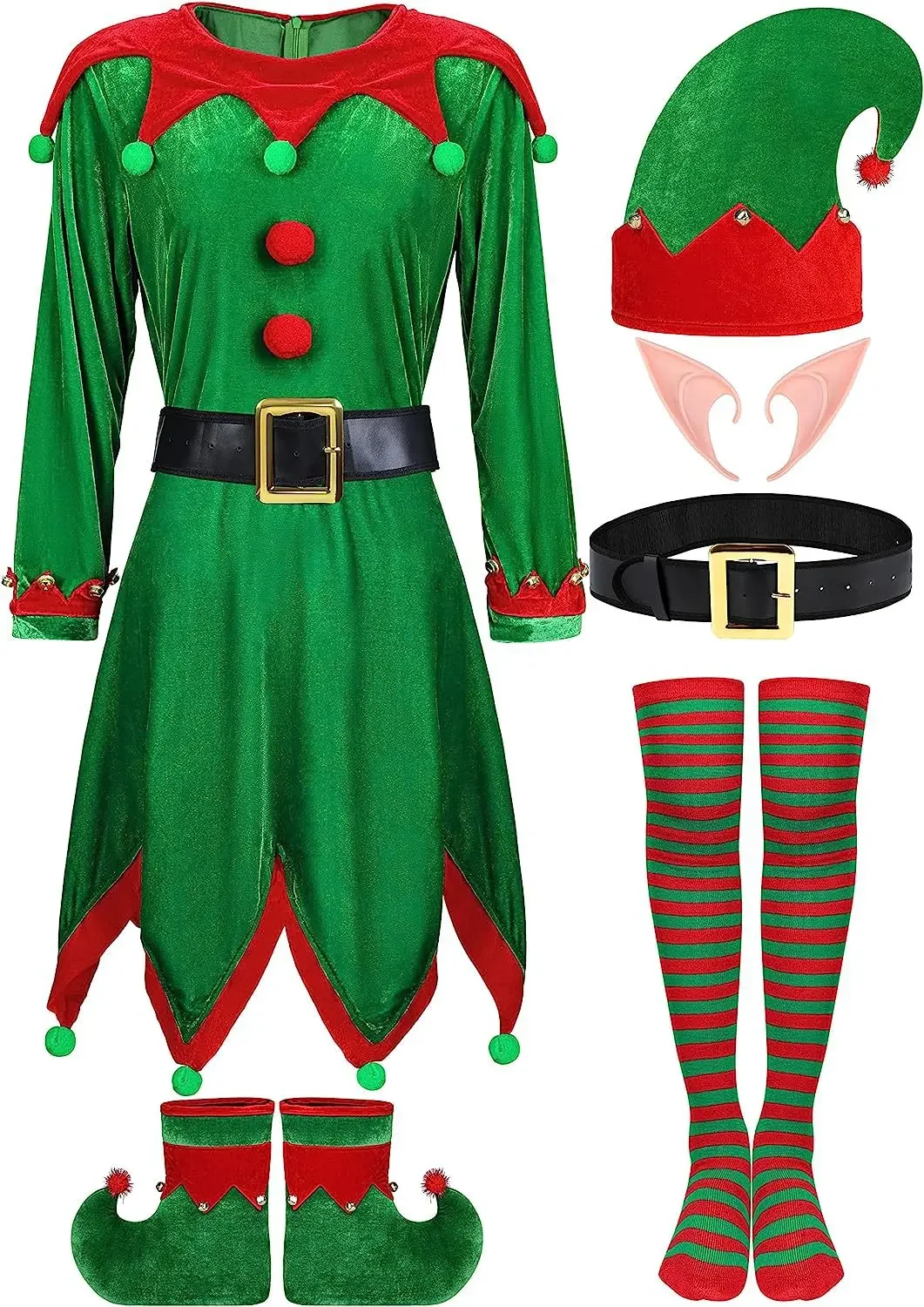 Ensemble de olympiques d'elfe de Noël pour filles, y compris chapeau environnemental, bas rayés, chaussures, robe de père Noël