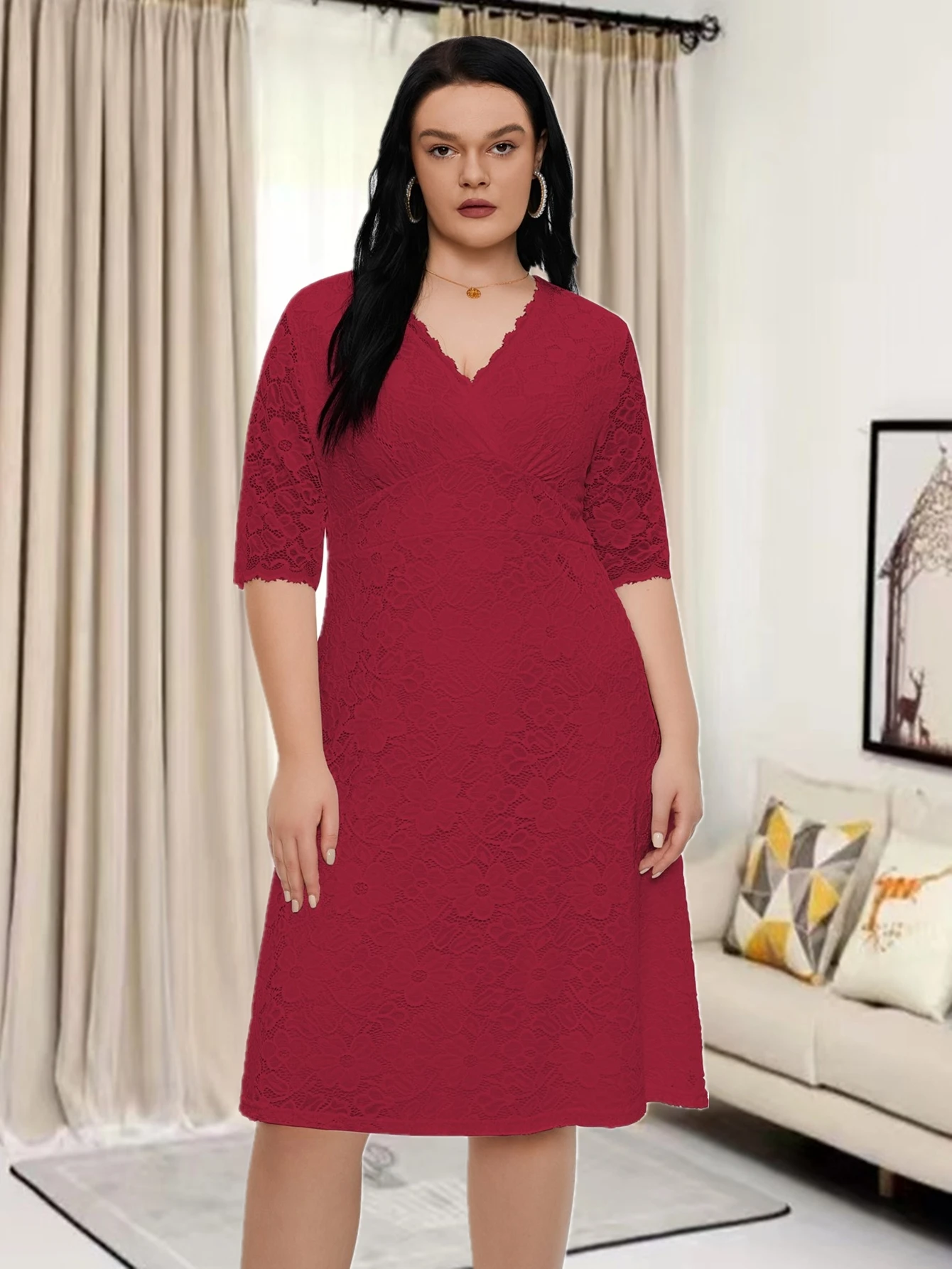 Plus Size New Arrival Half Sleeve V dekolt czerwony kolor formalna wieczorowa koronkowa eleganckie sukienki dla kobiet Midi