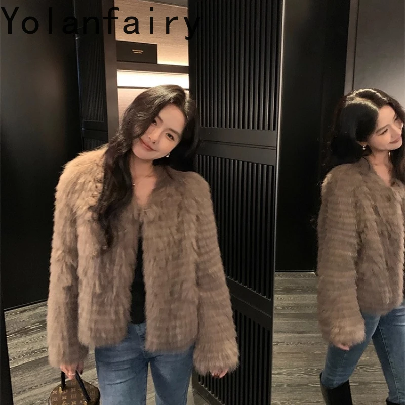 YOLANFAIRY Fox fur real coat winter warmth V-neck blouse long sleeve Short-Length commuting cocoa whole fur jacket female 2025